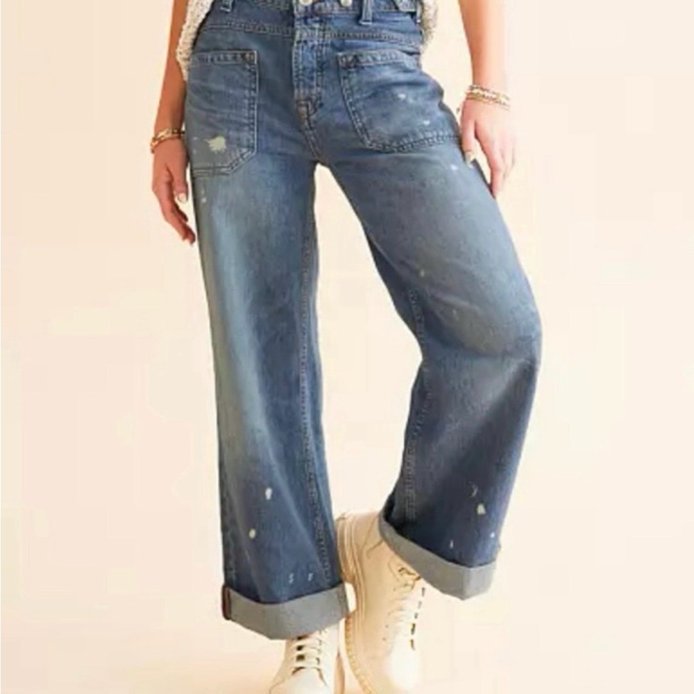Free People Wide Leg Distressed Blue Jeans
